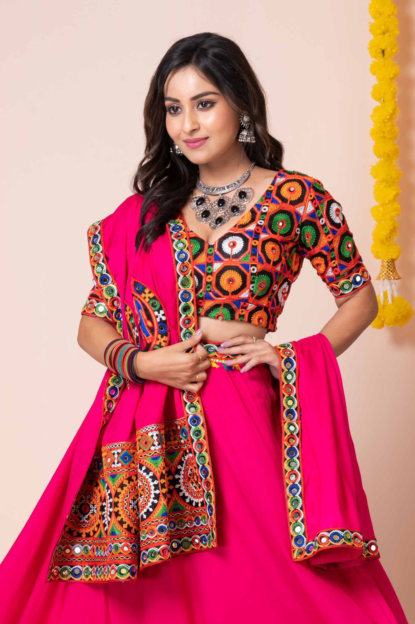 Lovely Pink Lehenga Choli with Multicolor Mirror Embroidery and Traditional Dupatta