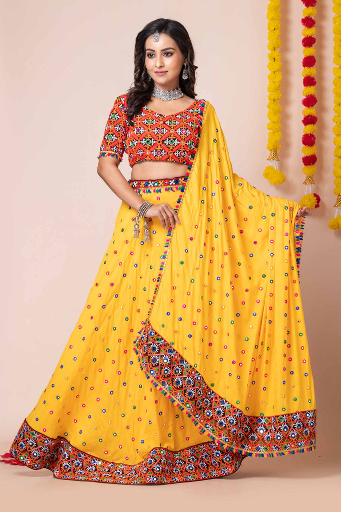 Stylish Yellow Lehenga Choli with Multicolor Mirror Embroidery and Traditional Dupatta