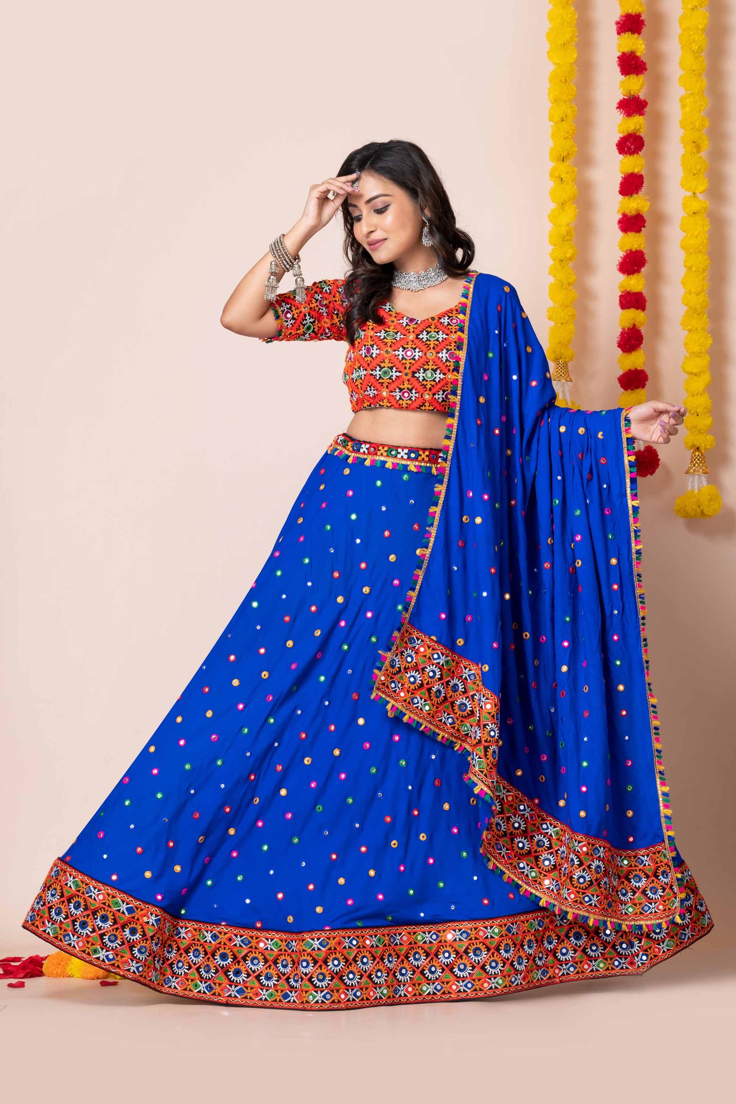 Latest Blue Lehenga Choli with Multicolor Mirror Embroidery and Traditional Dupatta