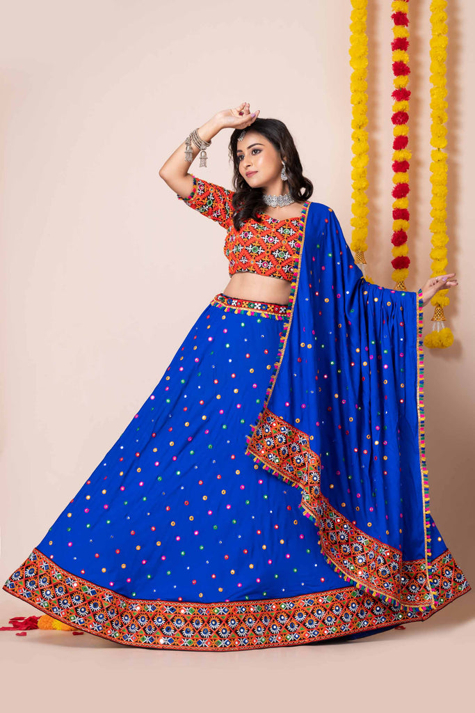 Latest Blue Lehenga Choli with Multicolor Mirror Embroidery and Traditional Dupatta