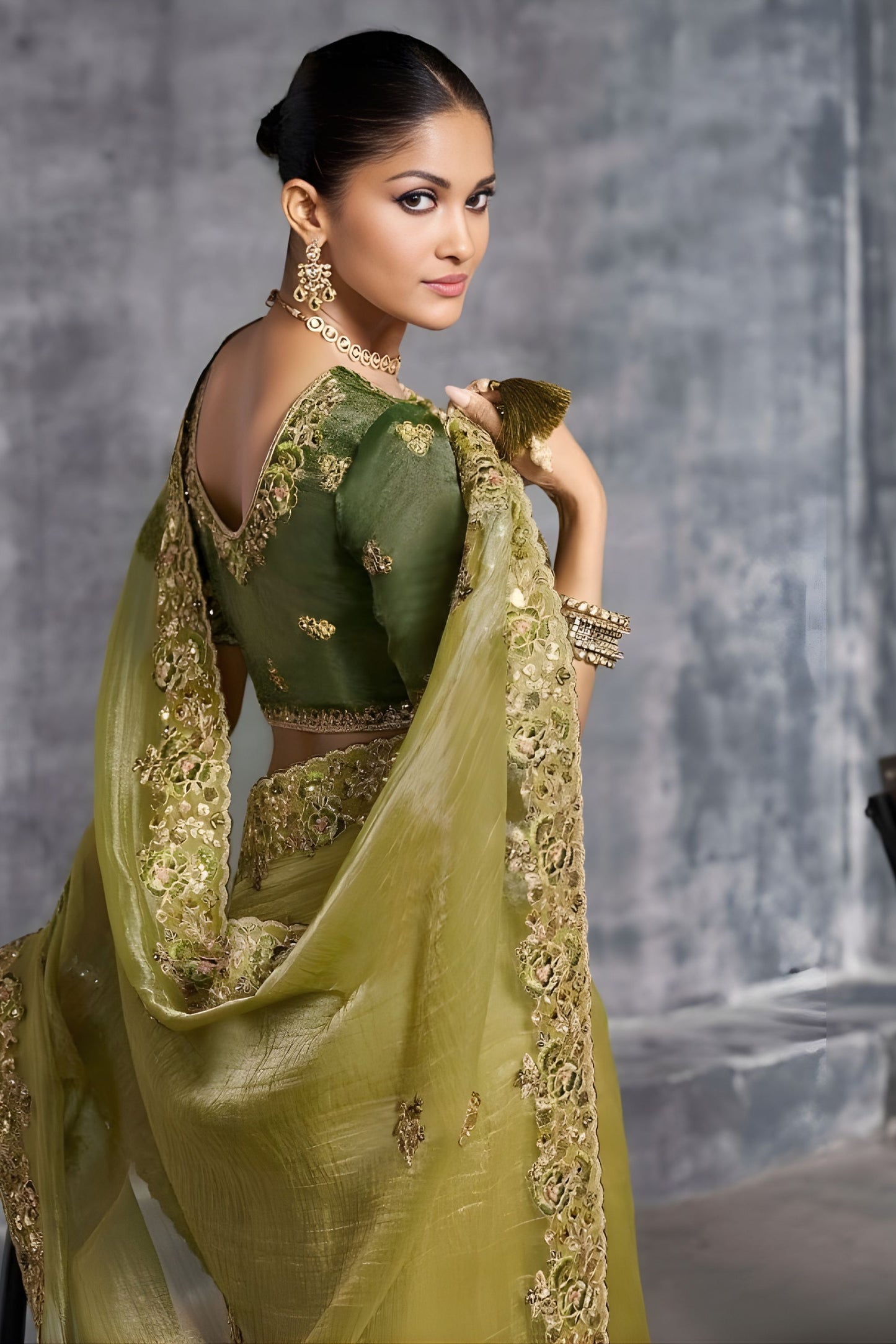 Olive Green Silk Saree with Zari Embroidered Border Designer Blouse