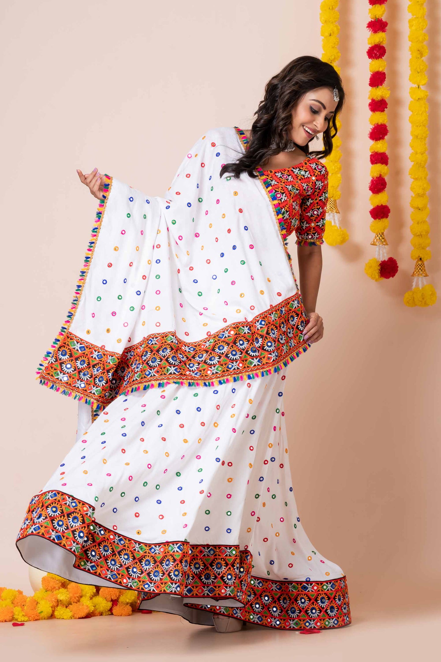 Stunning White Rayon Navratri Lehenga Choli with Multicolor Kutchi Mirror Embroidery