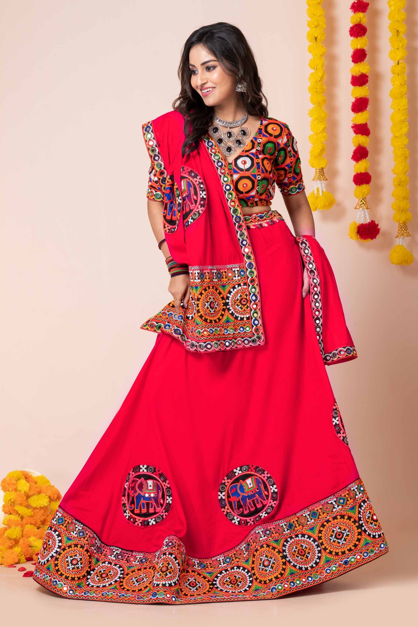 Superb Red Rayon Navratri Lehenga Choli with Multicolor Kutchi Mirror Embroidery