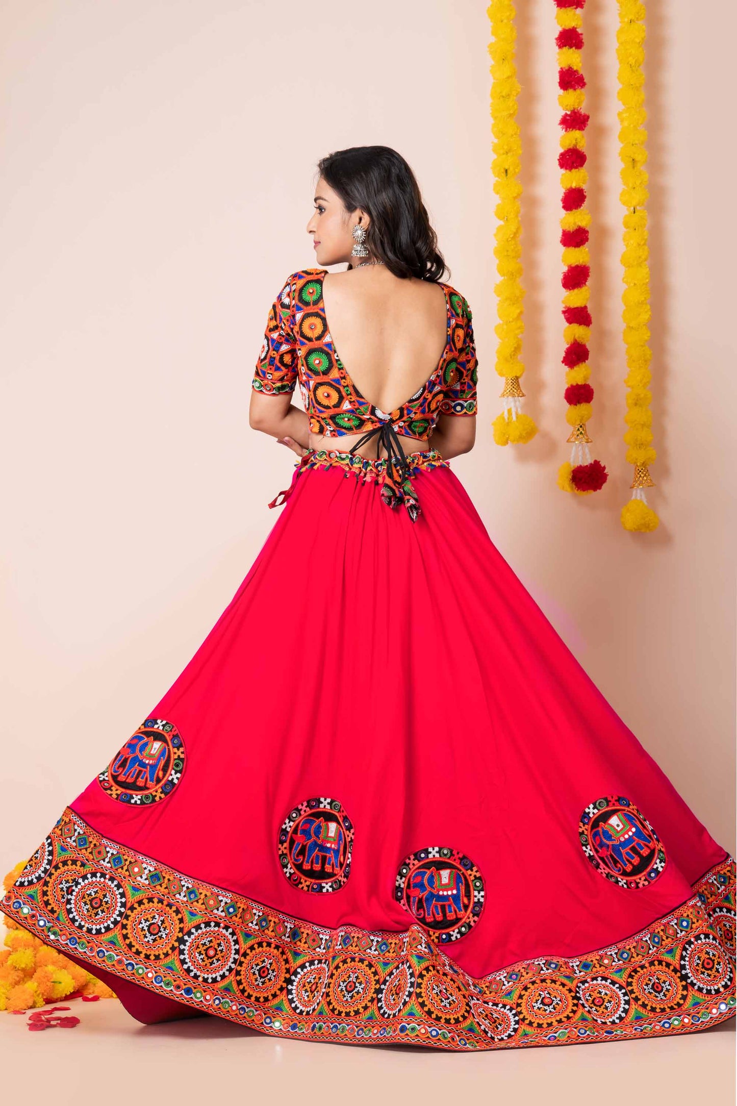 Superb Red Rayon Navratri Lehenga Choli with Multicolor Kutchi Mirror Embroidery