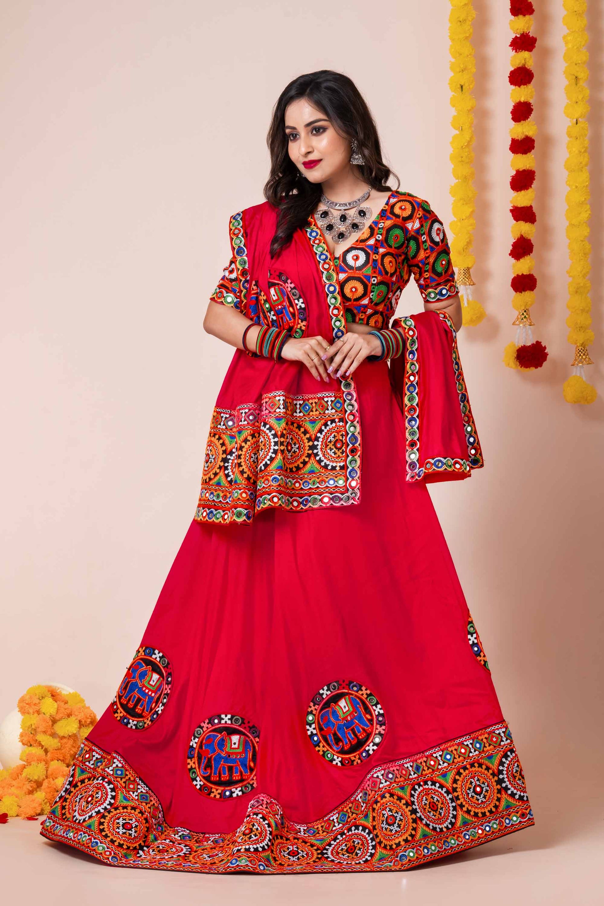 Superb Red Rayon Navratri Lehenga Choli with Multicolor Kutchi Mirror Embroidery