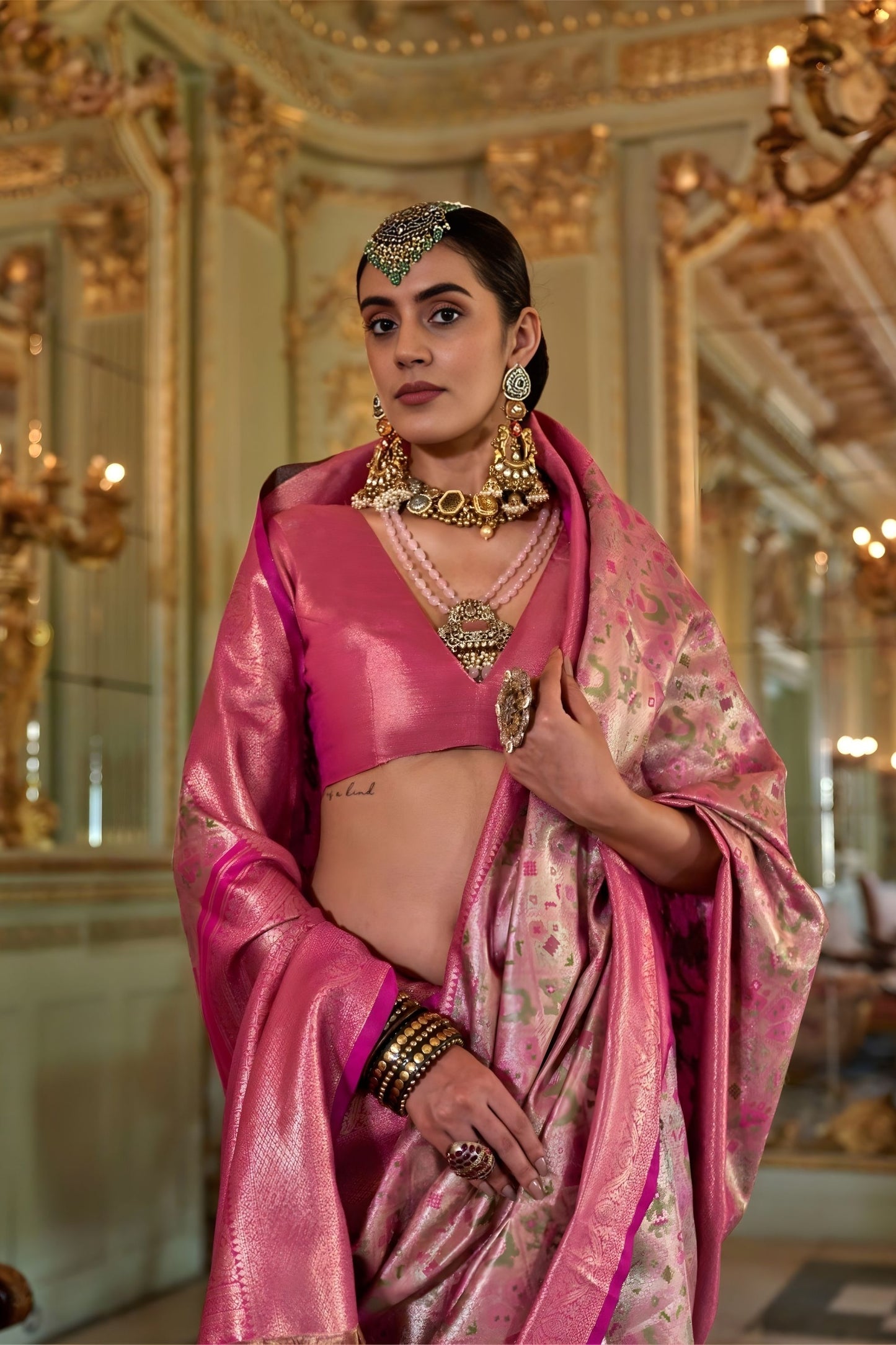 Rani Pink Banarasi Silk Saree with Floral Zari Weaving Rich Border