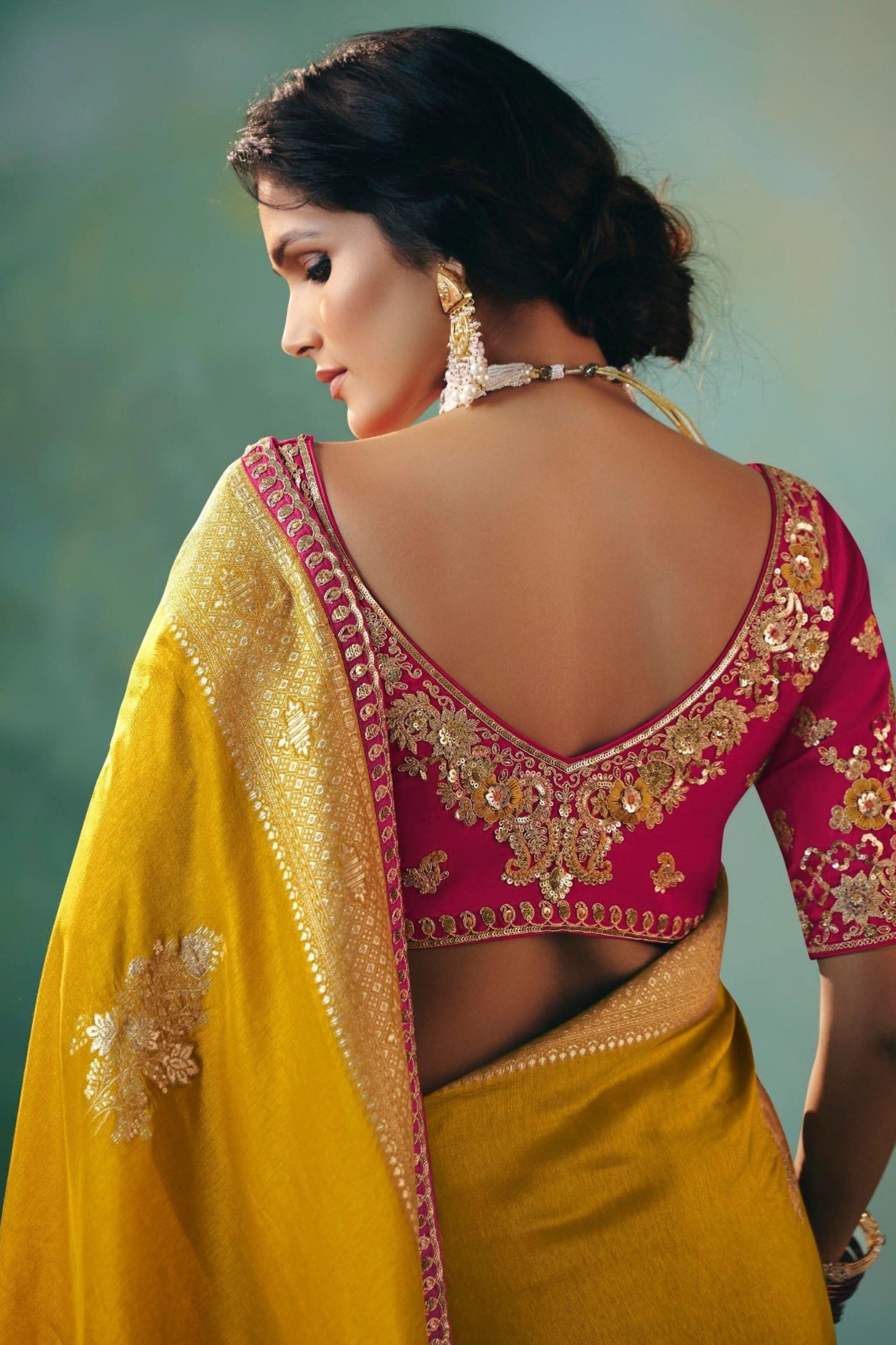 Mustard Yellow Embroidered Silk Saree With Designer Blouse