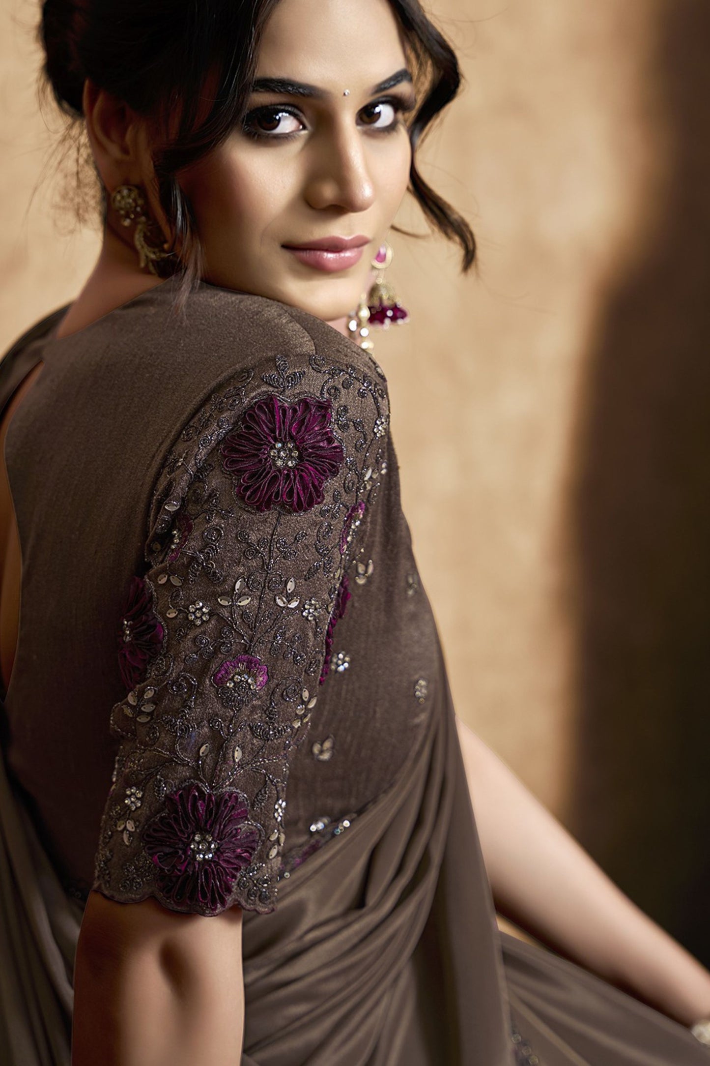 Coffee Brown Satin Silk Saree with Embroidered Border Designer Blouse