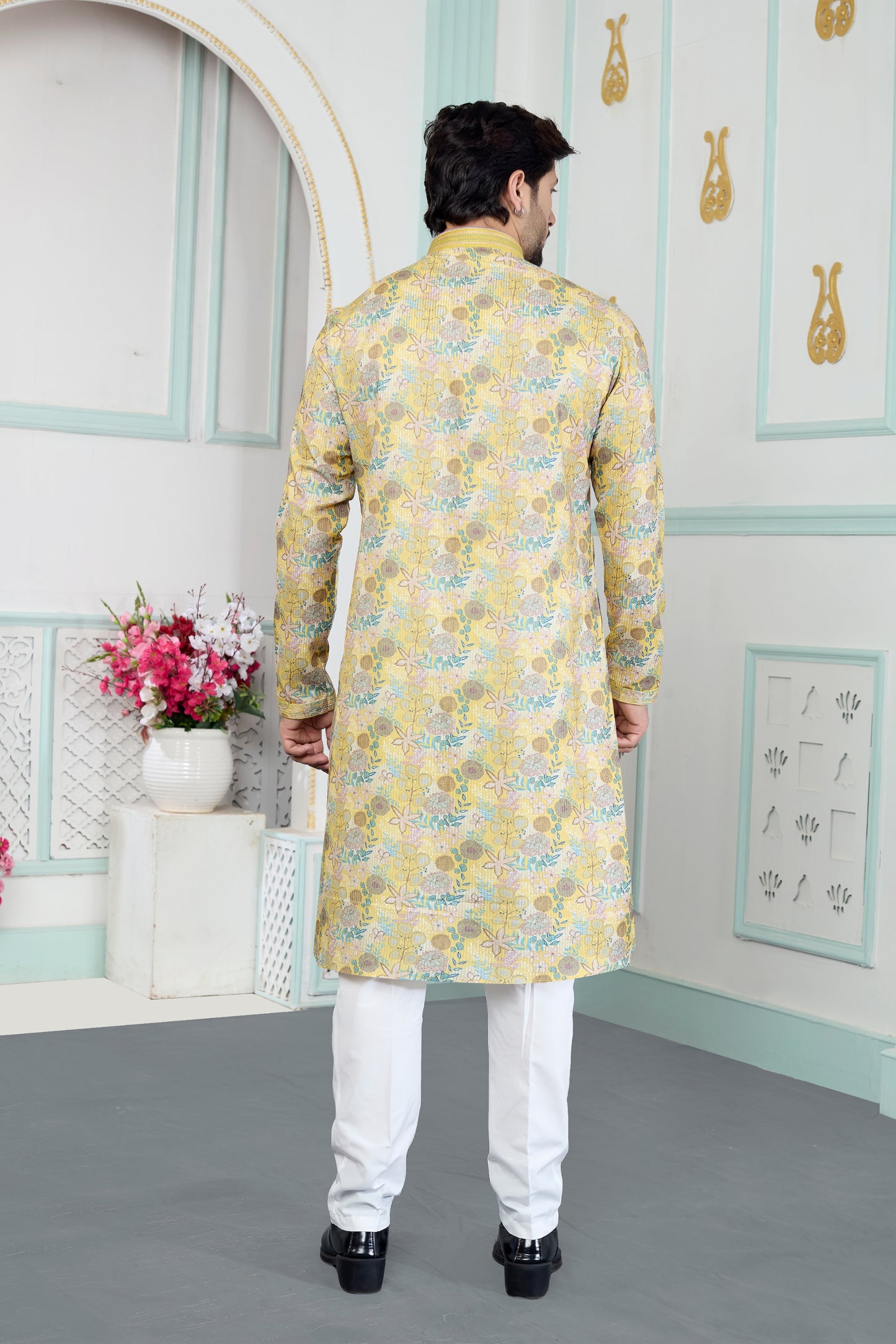 Stylish Yellow Floral Printed Art Silk Wedding Kurta Pajama Set for Men