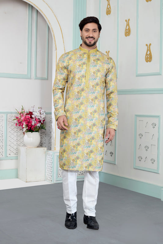 Stylish Yellow Floral Printed Art Silk Wedding Kurta Pajama Set for Men