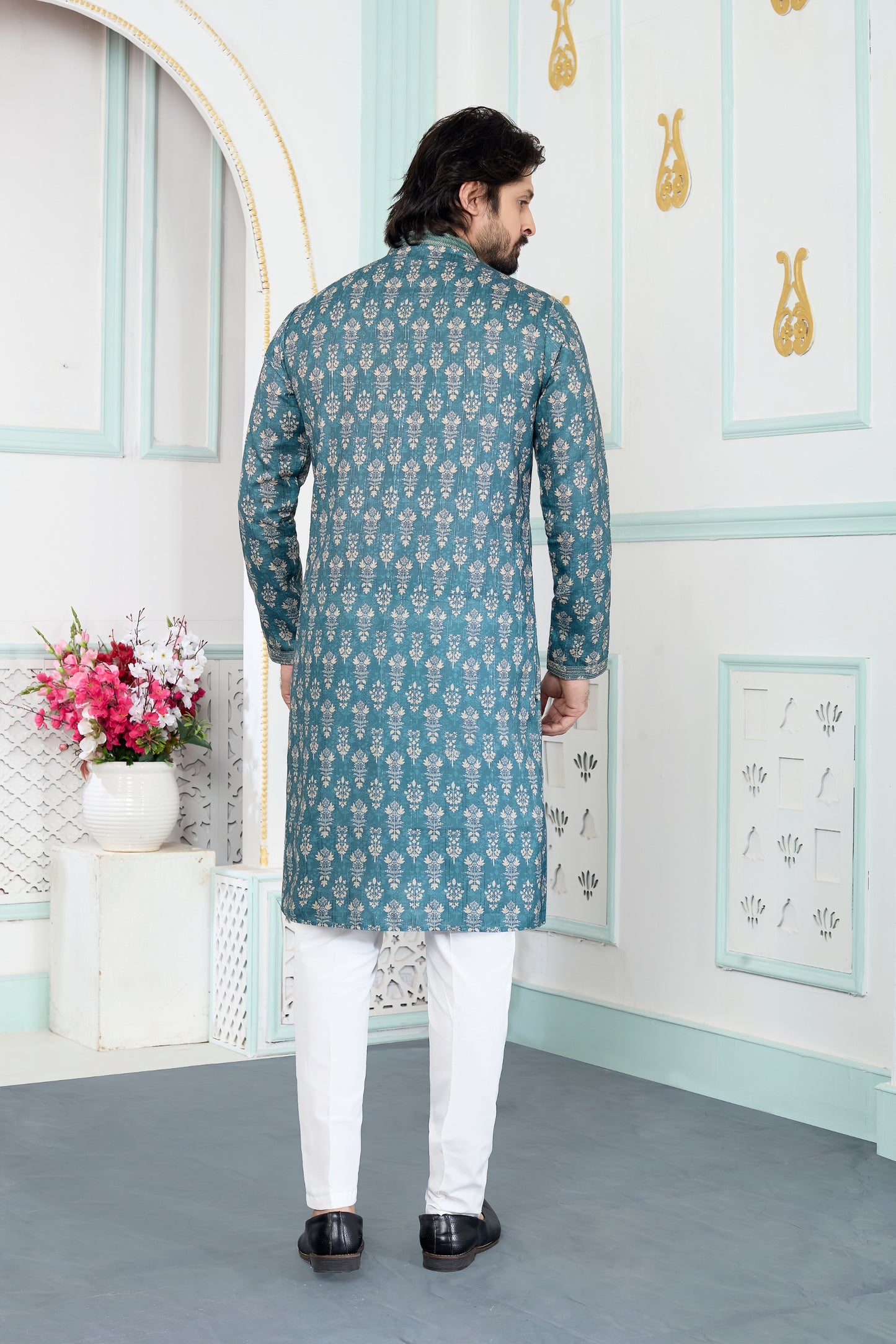 Handsome Green Art Silk Digital Printed Wedding Kurta Pajama Set for Men