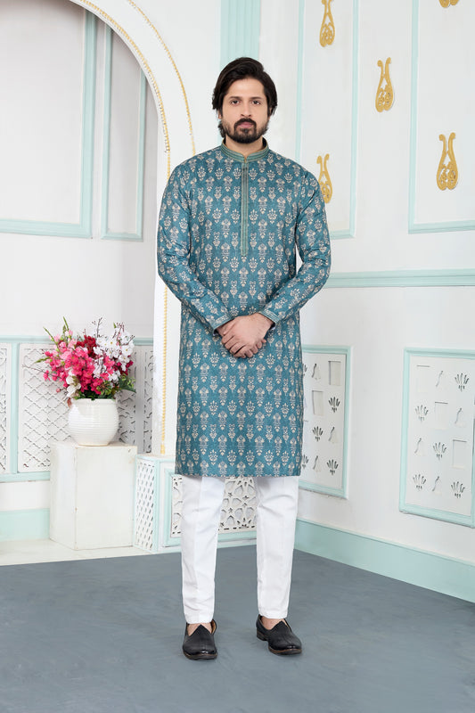 Handsome Green Art Silk Digital Printed Wedding Kurta Pajama Set for Men