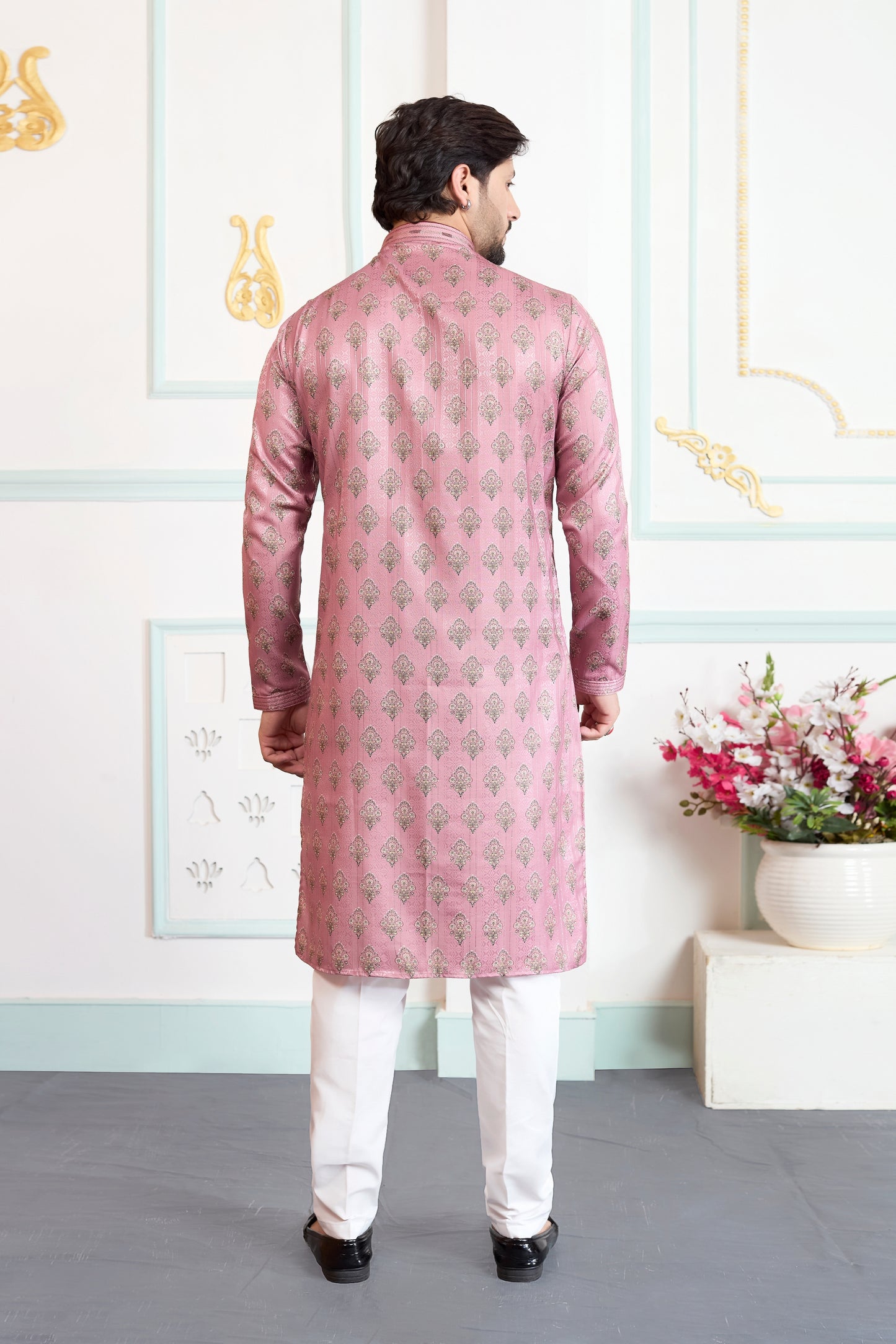 Superb Pink Art Silk Digital Printed Wedding Kurta Pajama Set for Men