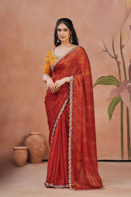 Elegant Red Natural Silk Saree Bandhani Print Sequins Embroidery Work for Women