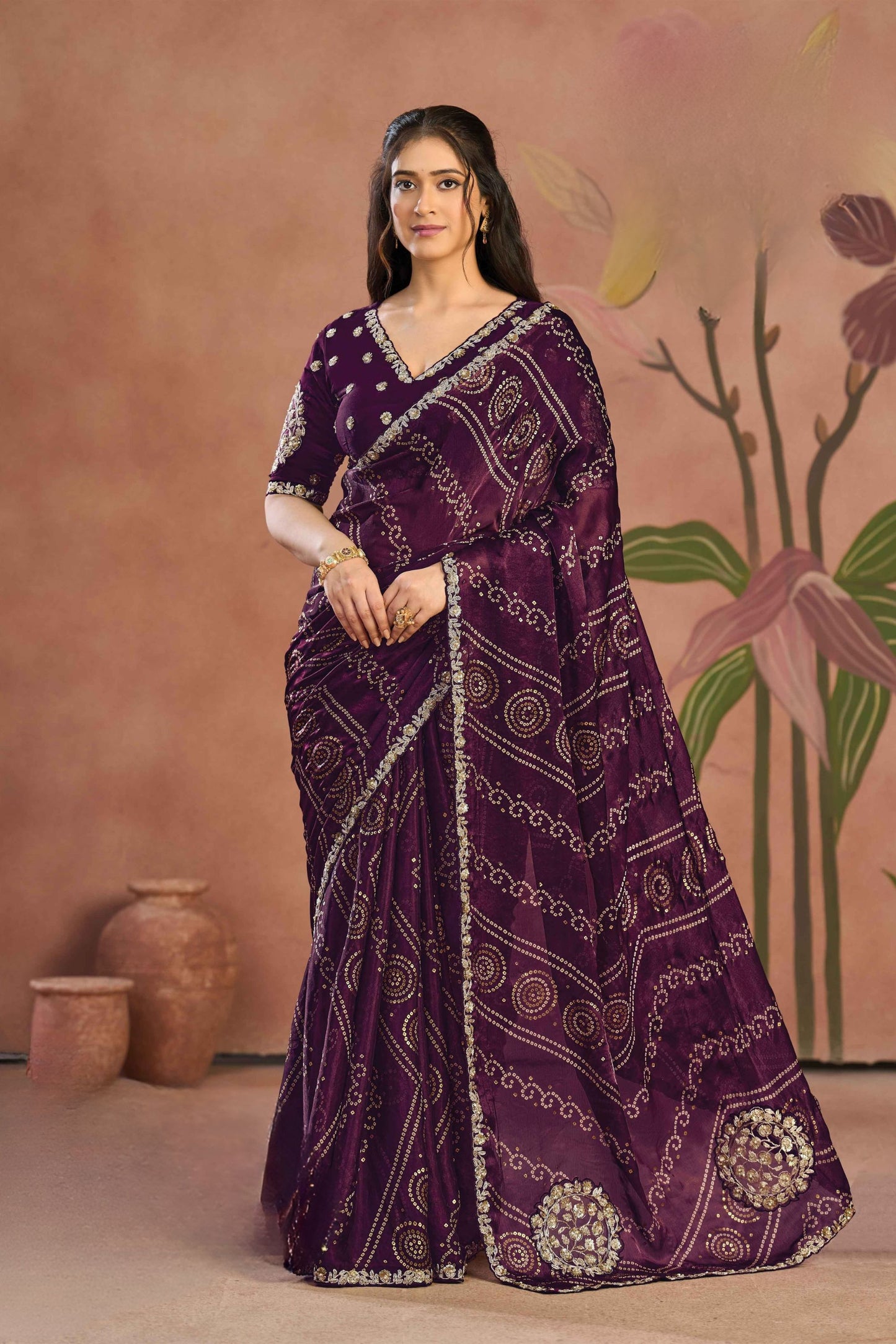 Stylish Purple Two Tone Satin Silk Saree Bandhani Print Sequins Embroidery for Women