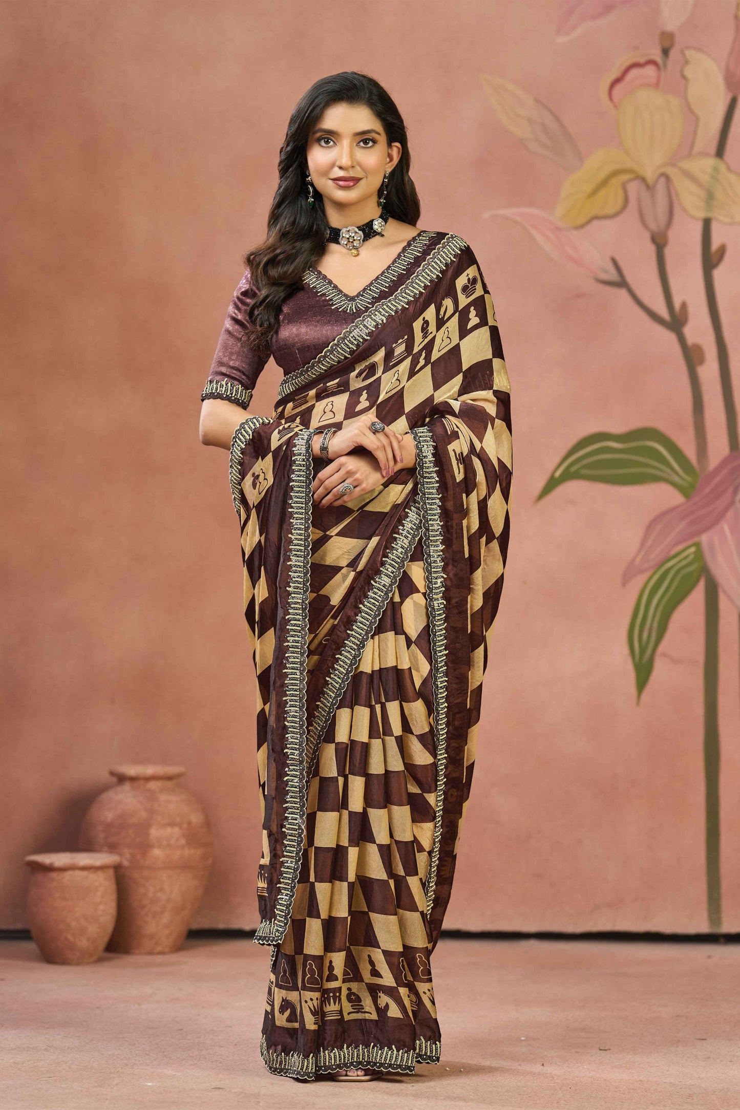 Beautiful Brown Beige Satin Silk Saree Sequins Embroidery Border for Women