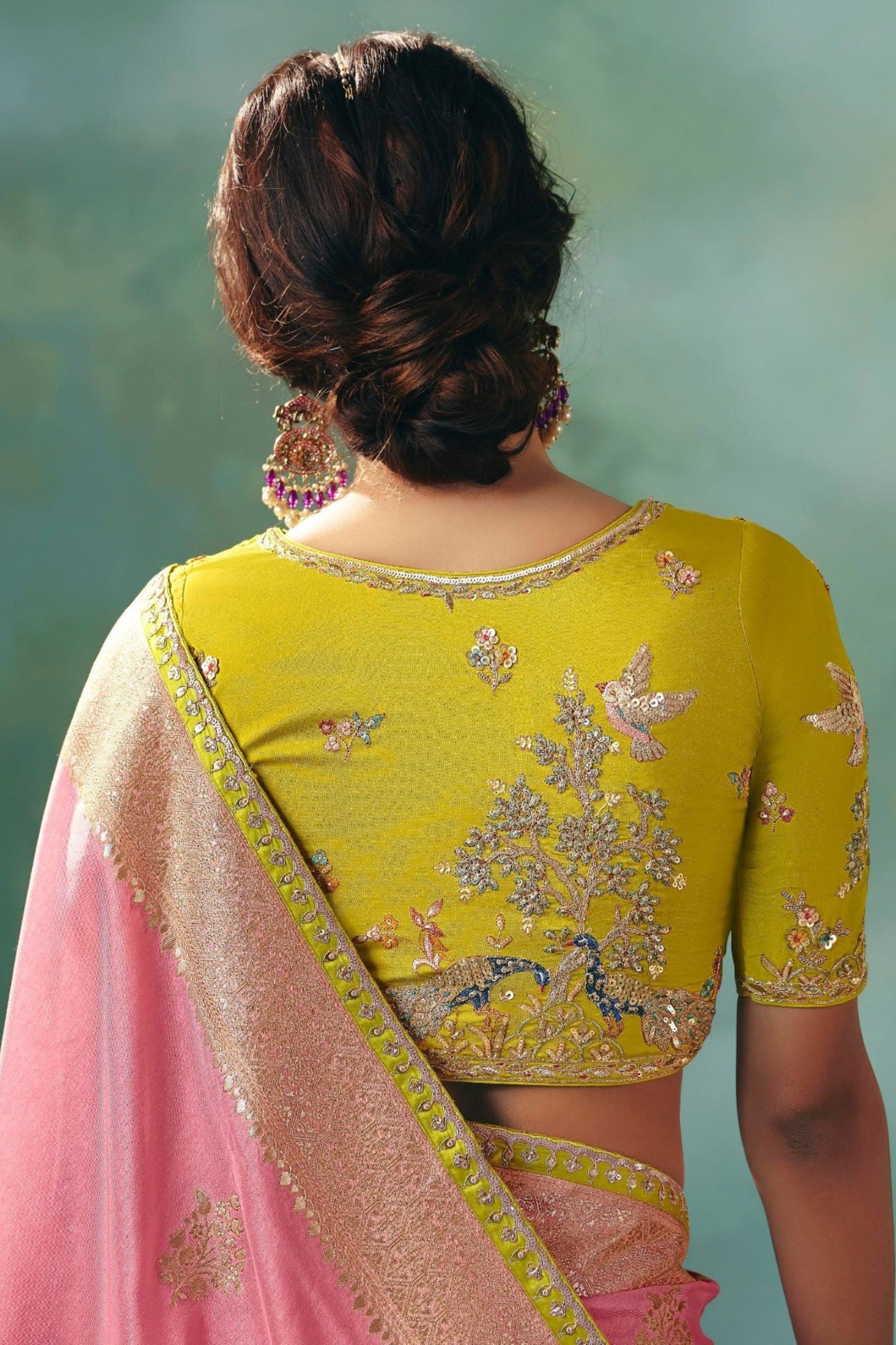 Pink Silk Saree Zari Border Lime Green Embroidered Blouse