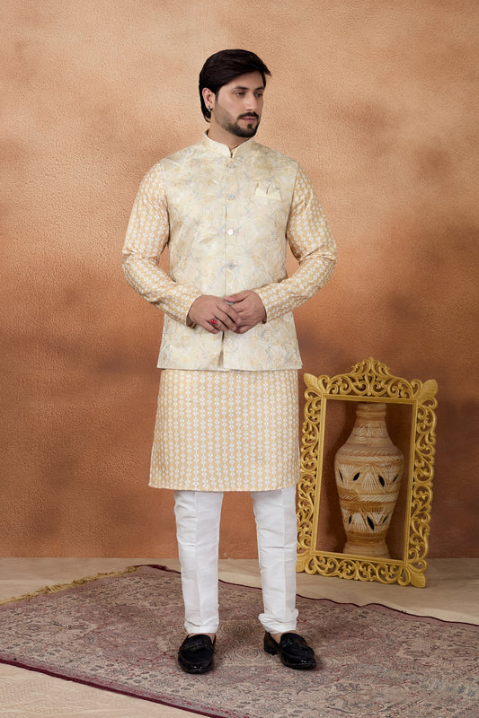Outstanding Yellow and Off-White Digital Print Kurta Pyjama with Nehru Jacket for Men