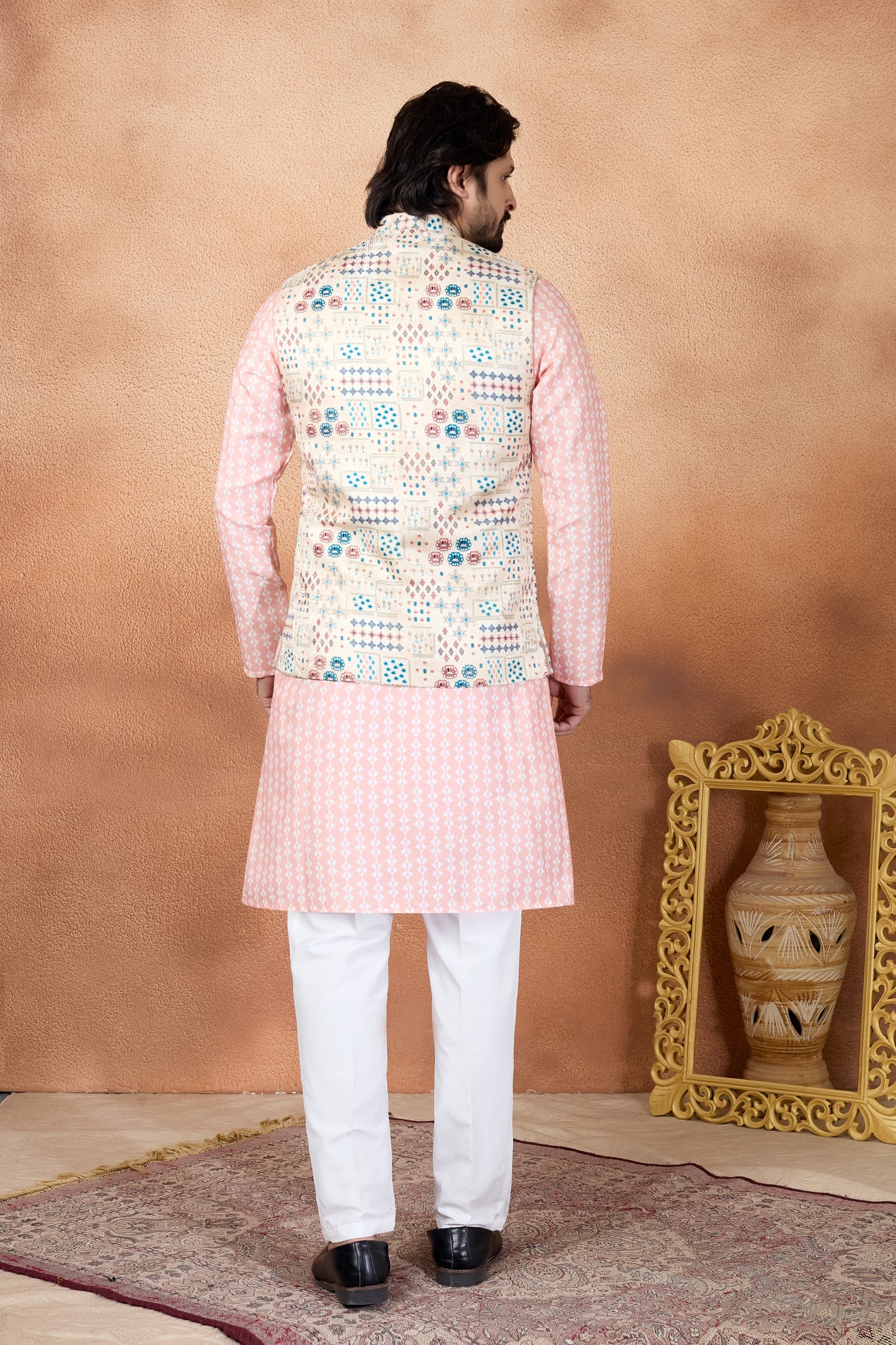 Traditional Peach and Off-White Digital Print Kurta Pyjama with Nehru Jacket for Men