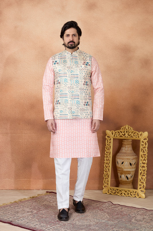 Traditional Peach and Off-White Digital Print Kurta Pyjama with Nehru Jacket for Men