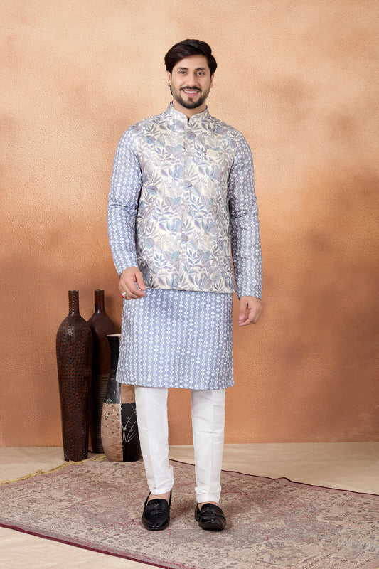 Elegant Grey and Off-White Digital Print Jacquard Kurta Pyjama with Nehru Jacket for Men