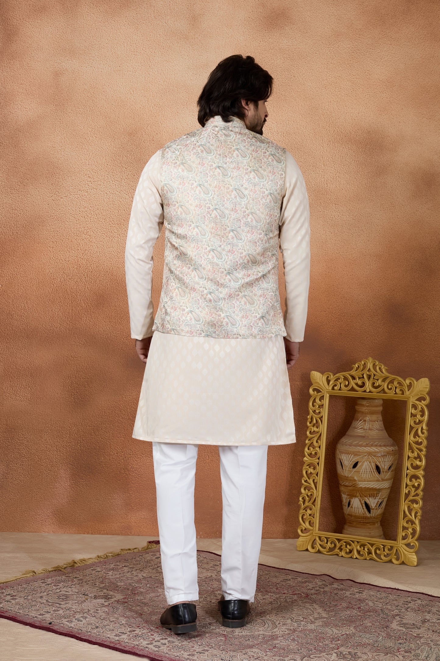 Superb Cream and Off-White Digital Print Jacquard Kurta Pyjama with Nehru Jacket for Men