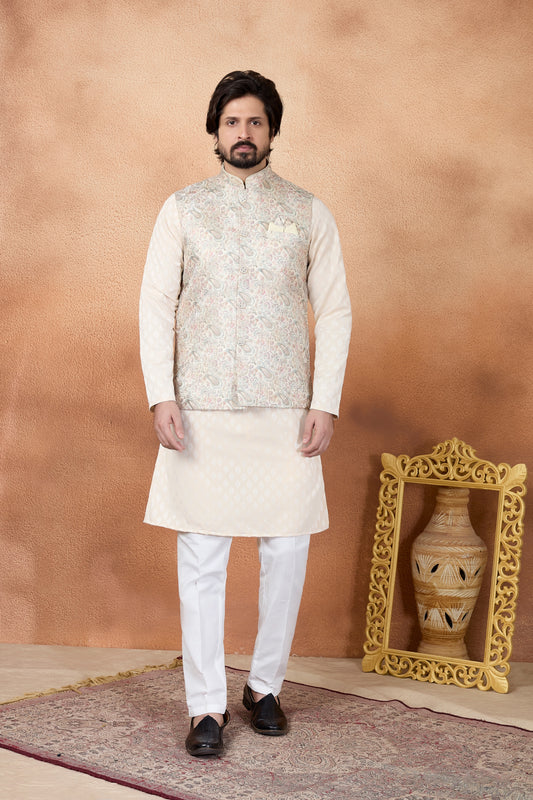 Superb Cream and Off-White Digital Print Jacquard Kurta Pyjama with Nehru Jacket for Men