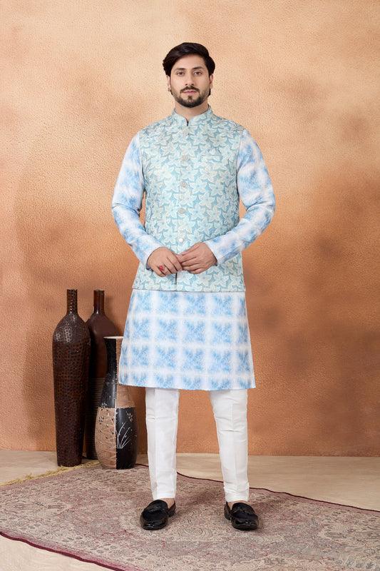 Stylish Sky Blue and Off-White Digital Print Jacquard Kurta Pyjama with Nehru Jacket for Men