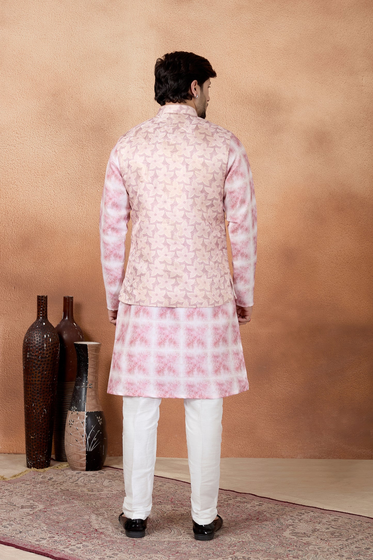 Classy Pink and Off-White Digital Print Jacquard Kurta Pyjama with Nehru Jacket for Men