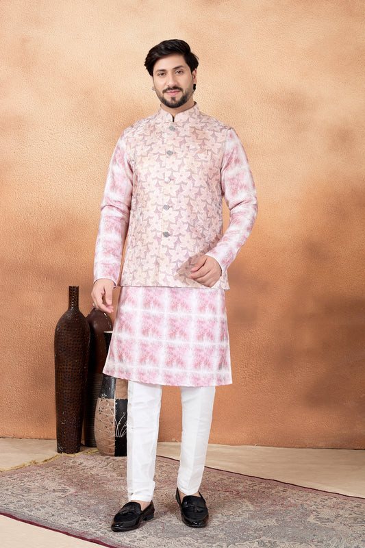 Classy Pink and Off-White Digital Print Jacquard Kurta Pyjama with Nehru Jacket for Men