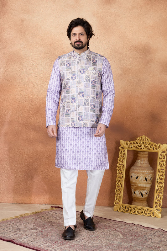 Grateful Lavender and Off-White Digital Print Jacquard Kurta Pyjama with Nehru Jacket for Men