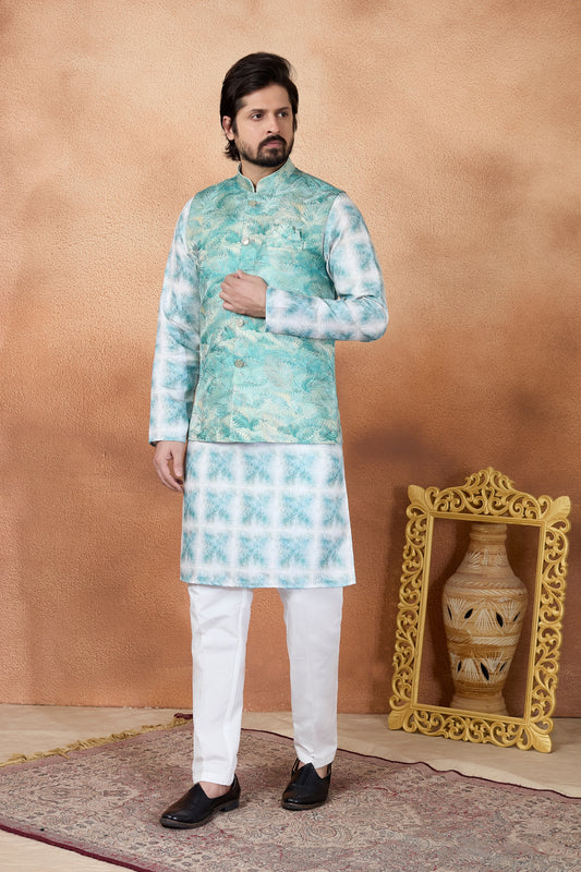 Refresh Sea Green and Off-White Digital Print Jacquard Kurta Pyjama with Nehru Jacket for Men