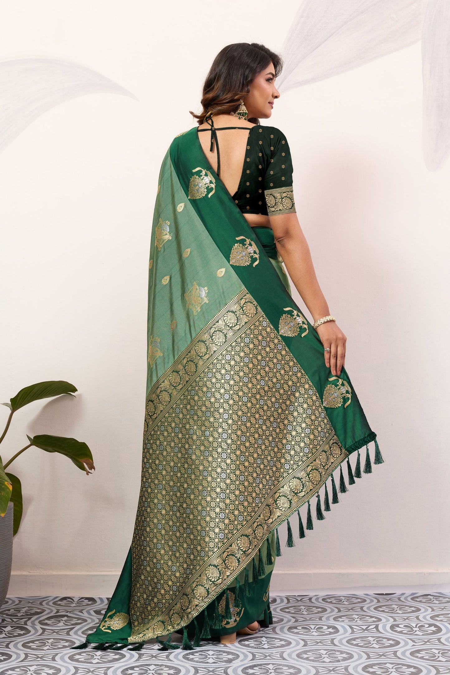 Bottle Green Kanjivaram Silk Saree with Rich Gold Zari Border
