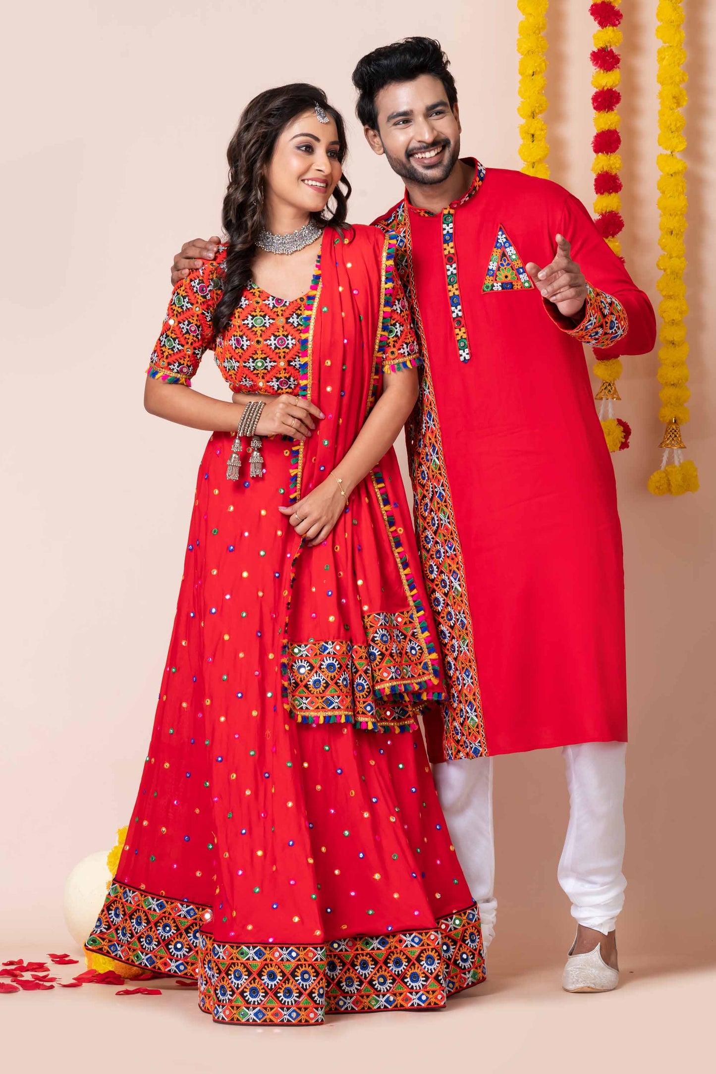 Red Rayon Couple Navratri Outfit with Multicolor Kutchi Mirror and Elephant Embroidery