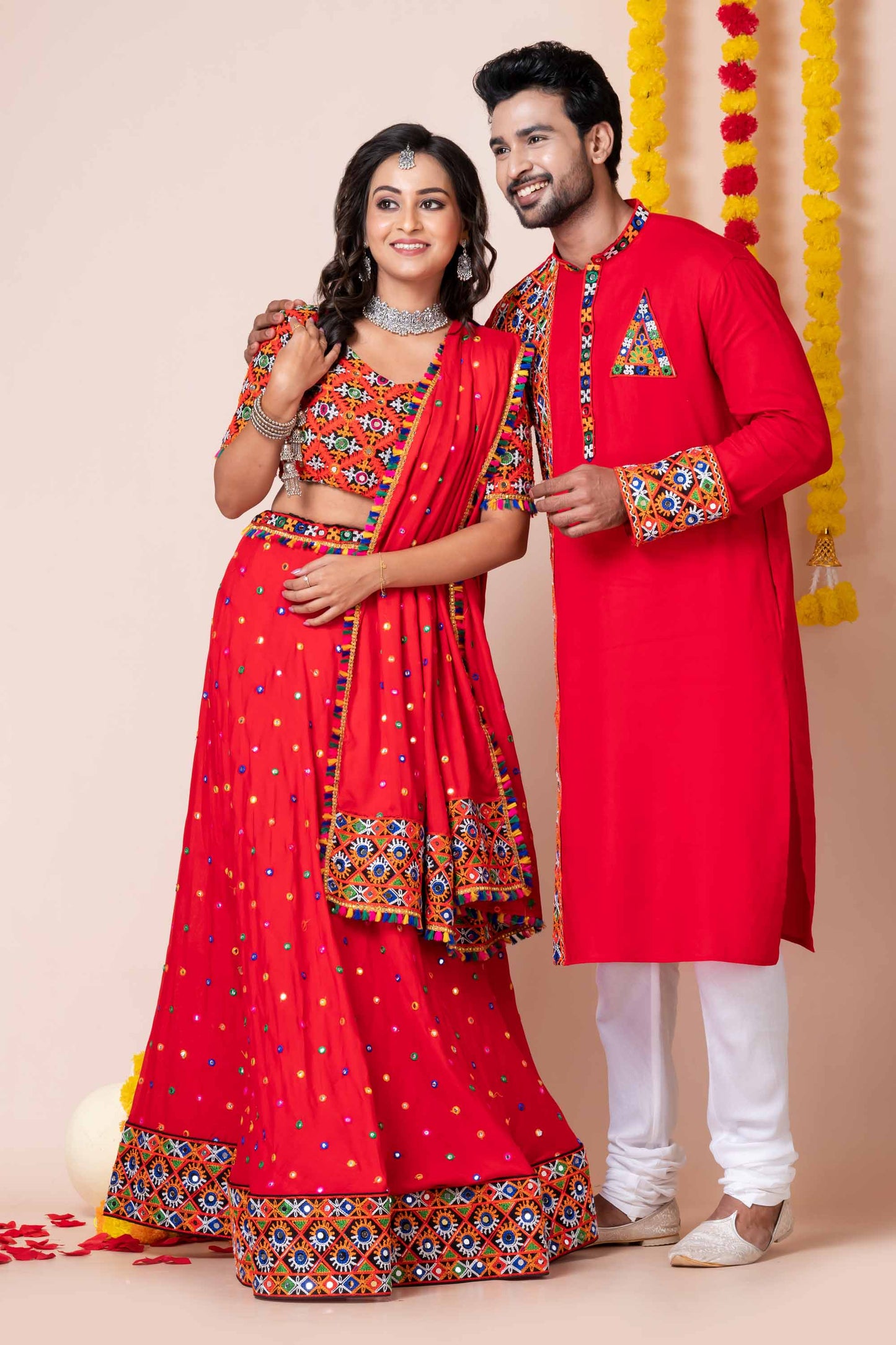 Red Rayon Couple Navratri Outfit with Multicolor Kutchi Mirror and Elephant Embroidery