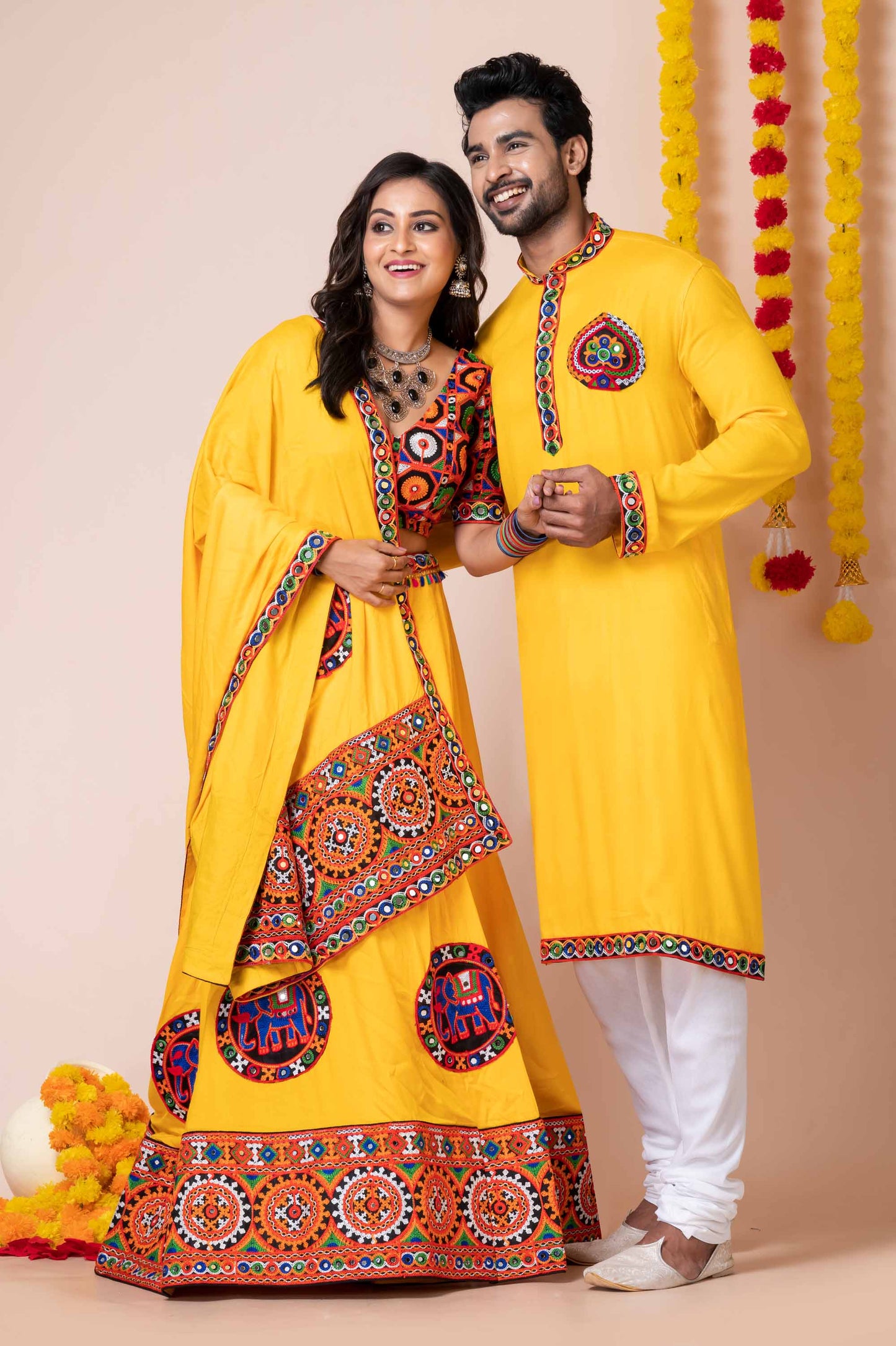 Vibrant Yellow Rayon Couple Navratri Outfit with Kutchi Mirror and Elephant Embroidery