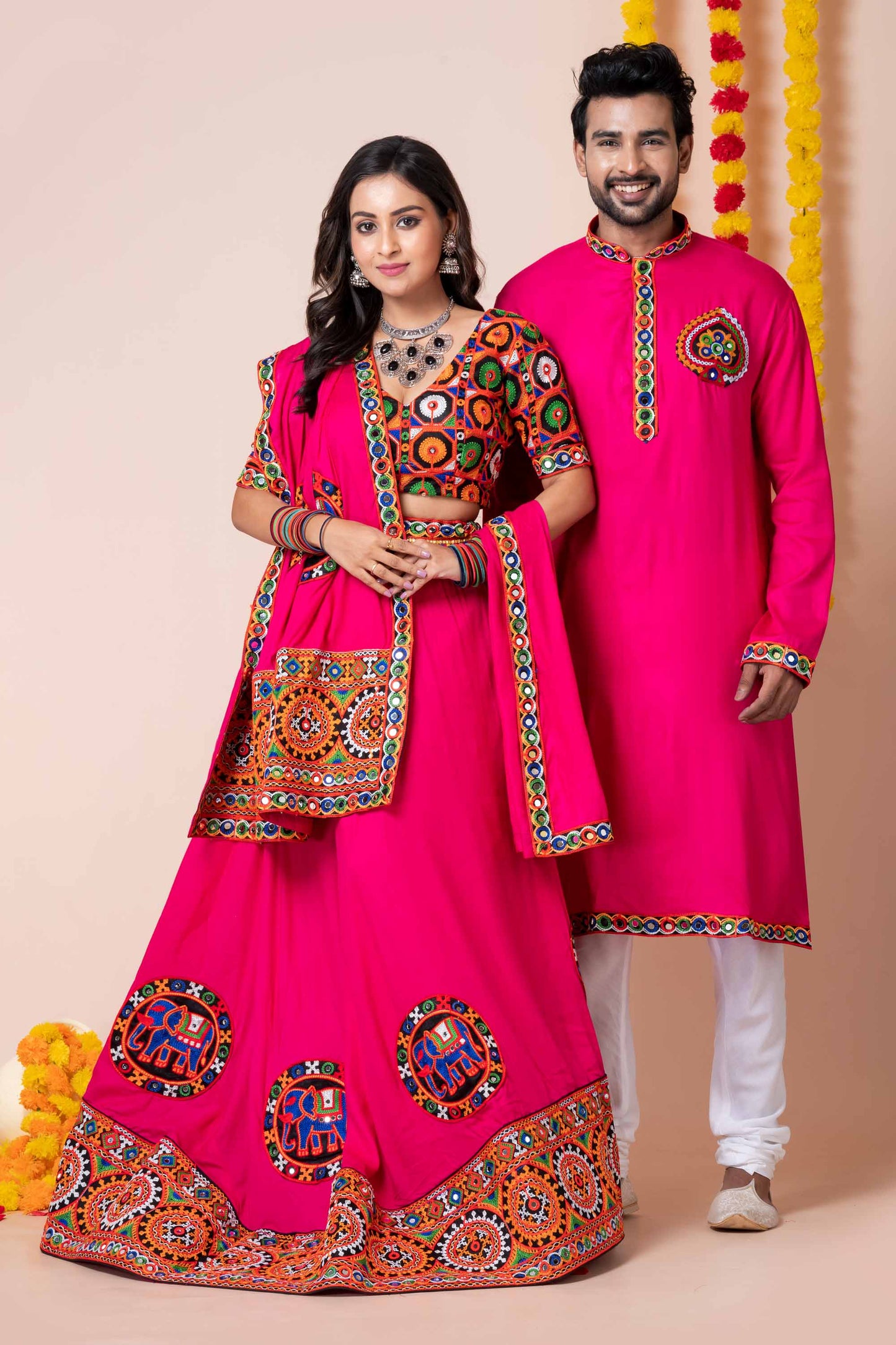 Couple Hot Pink Gujarati Embroidered Chaniya Choli and Kurta Set with Mirror Work