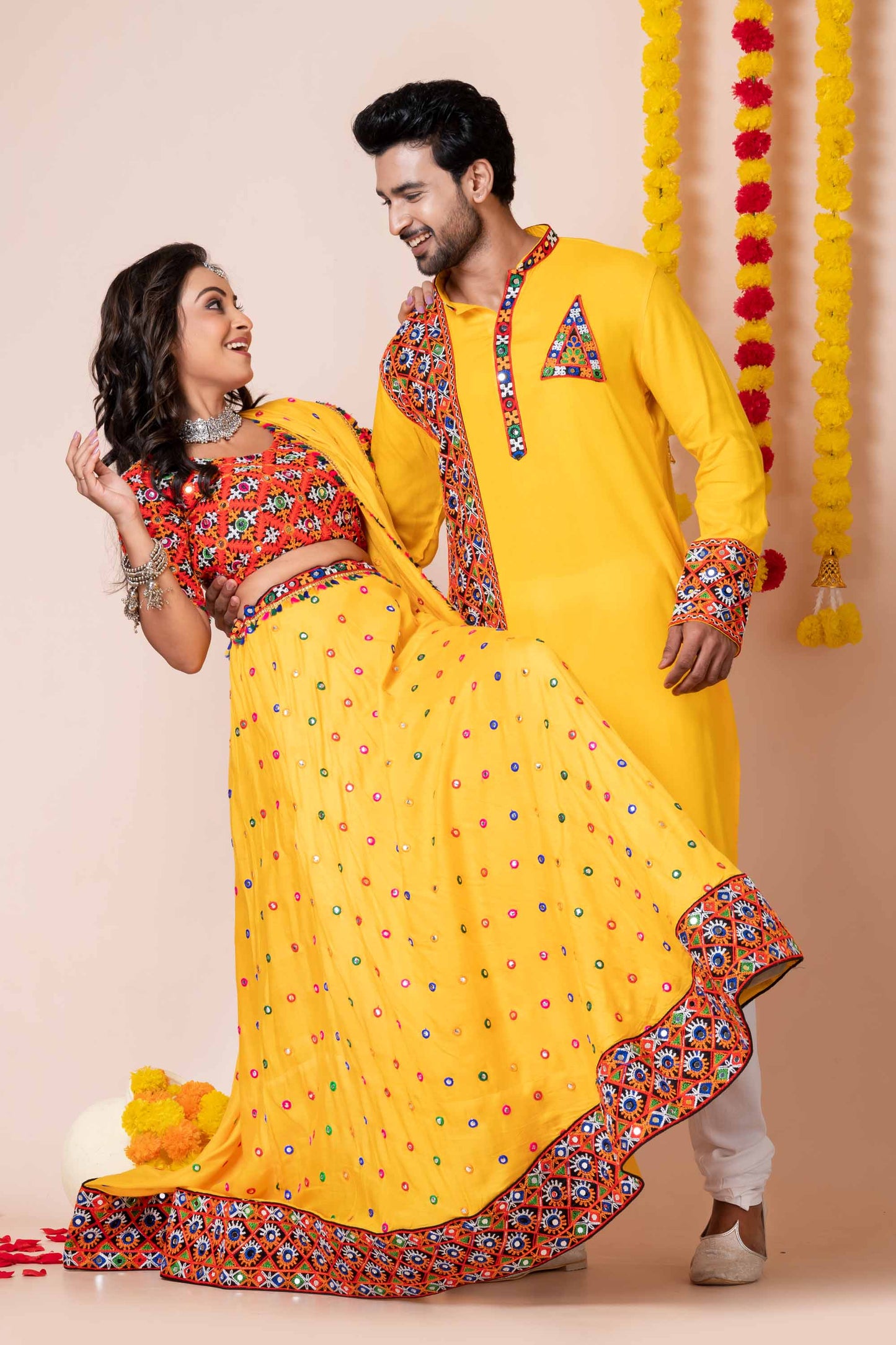 Couple Yellow Gujarati Embroidered Navratri Chaniya Choli and Kurta Set with Mirror Work