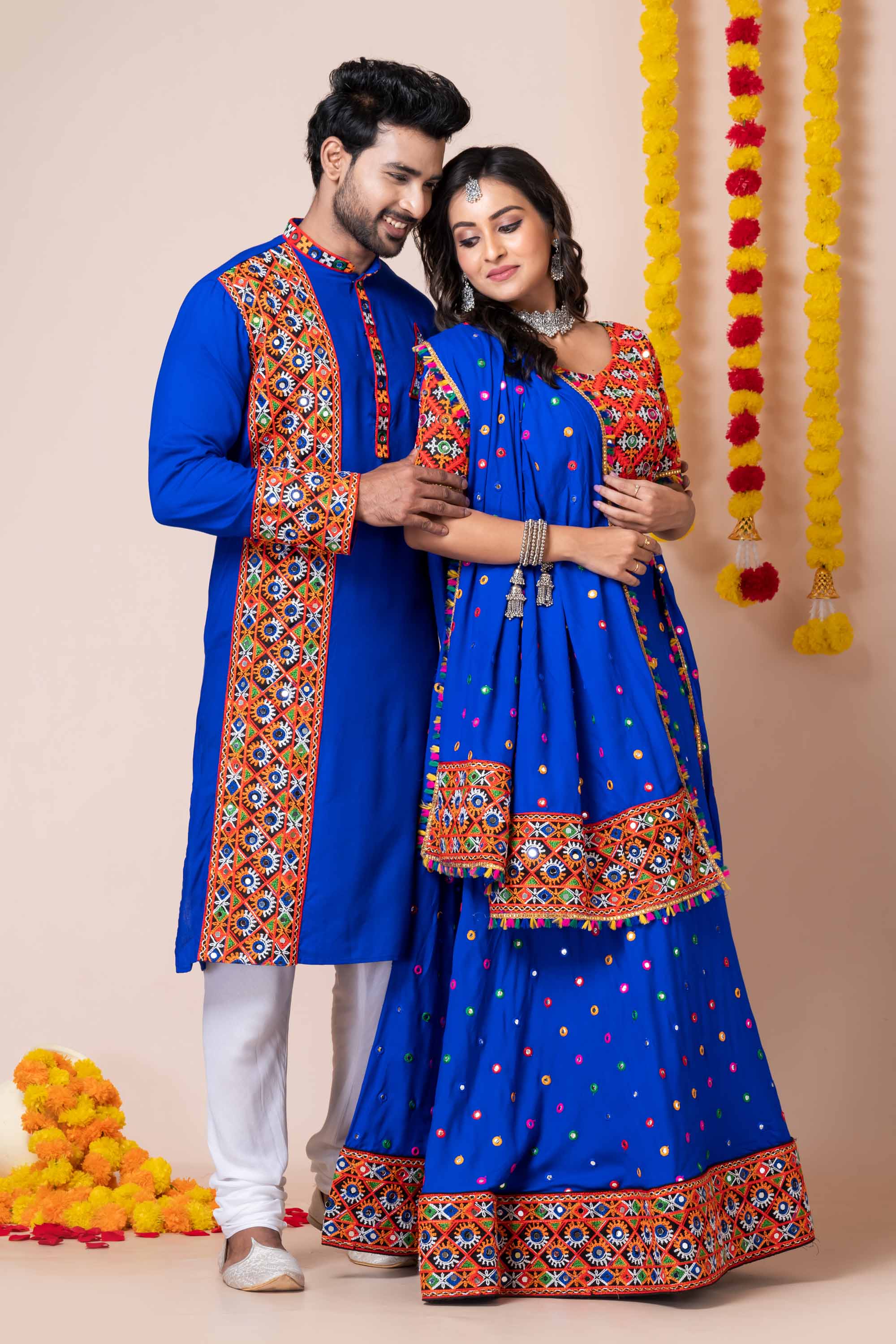 Couple Royal Blue Gujarati Embroidered Chaniya Choli and Kurta Set