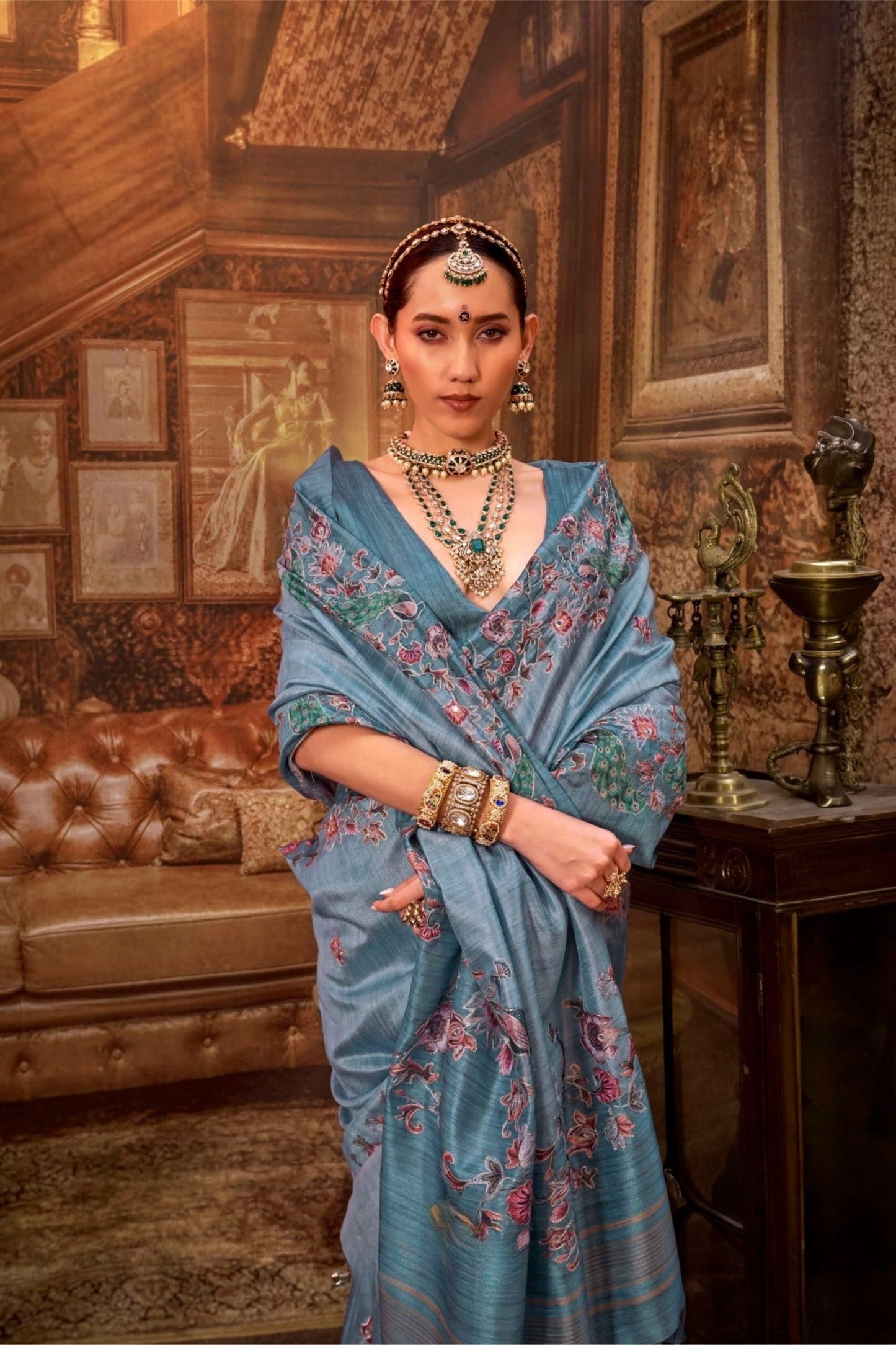 Teal Blue Silk Saree with Floral Embroidery Designer Saree with Blouse