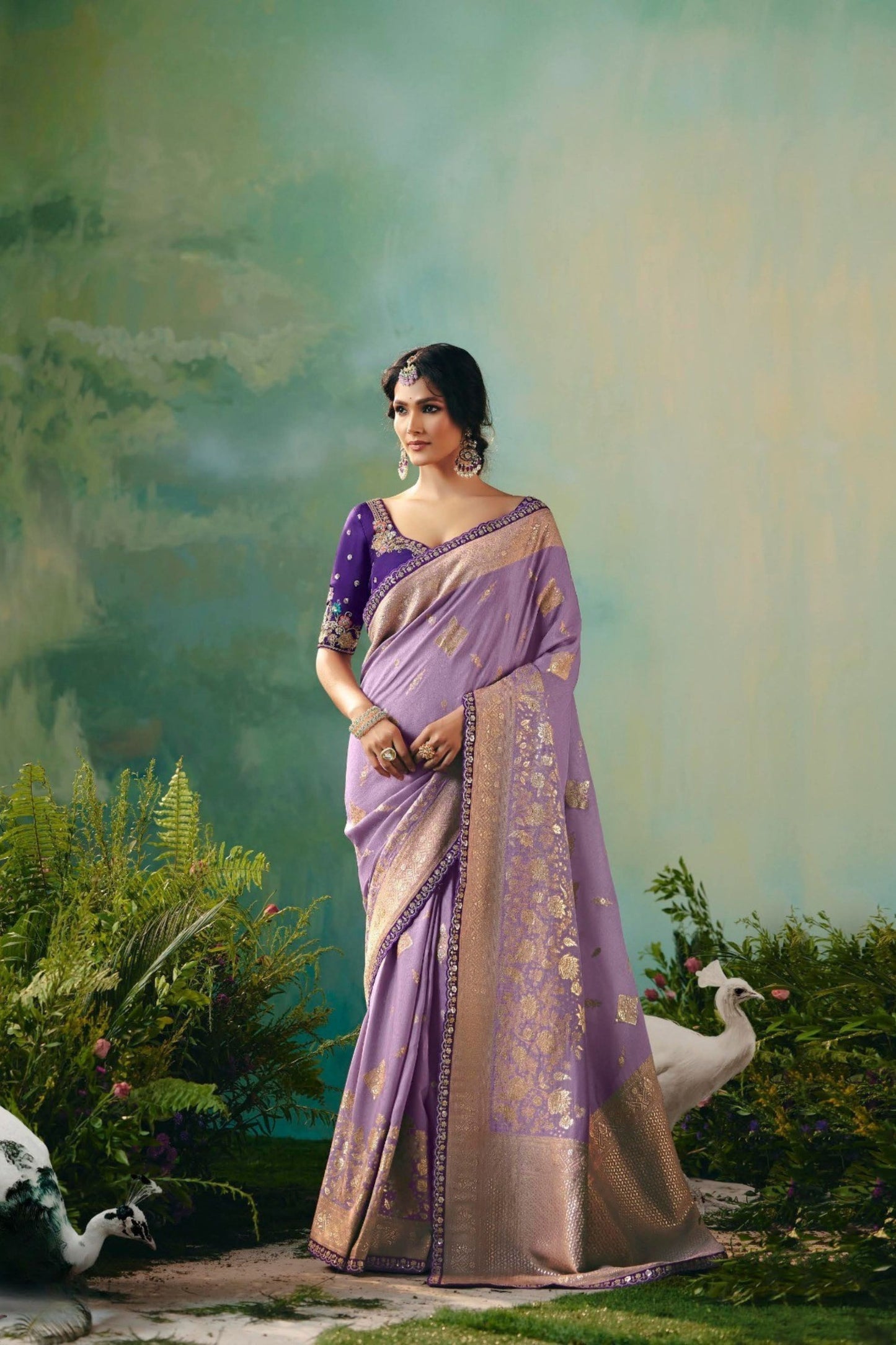 Lavender Banarasi Silk Saree Embroidered Purple Blouse
