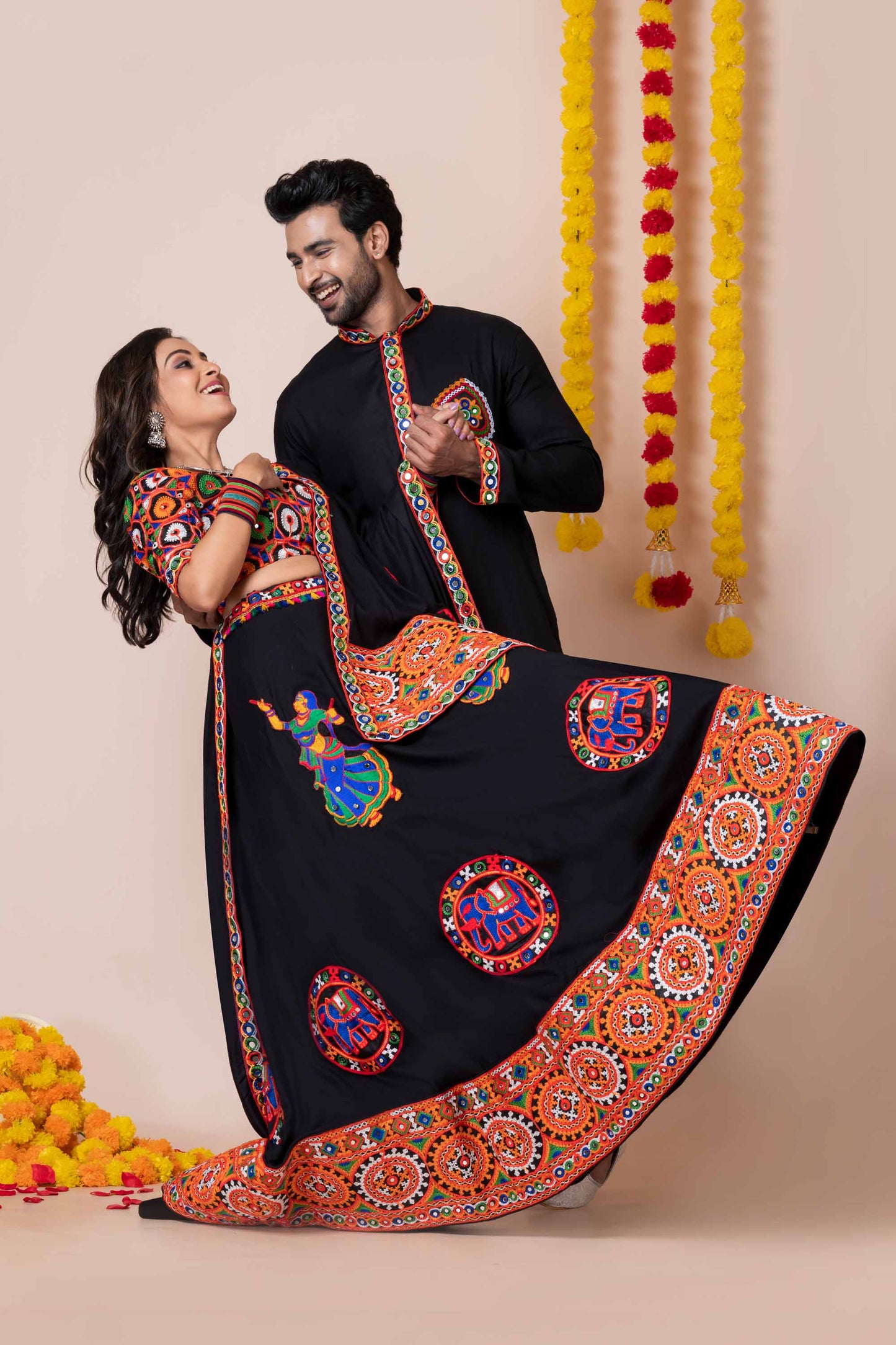 Couple Black Gujarati Embroidered Navratri Chaniya Choli and Kurta Set with Mirror Work