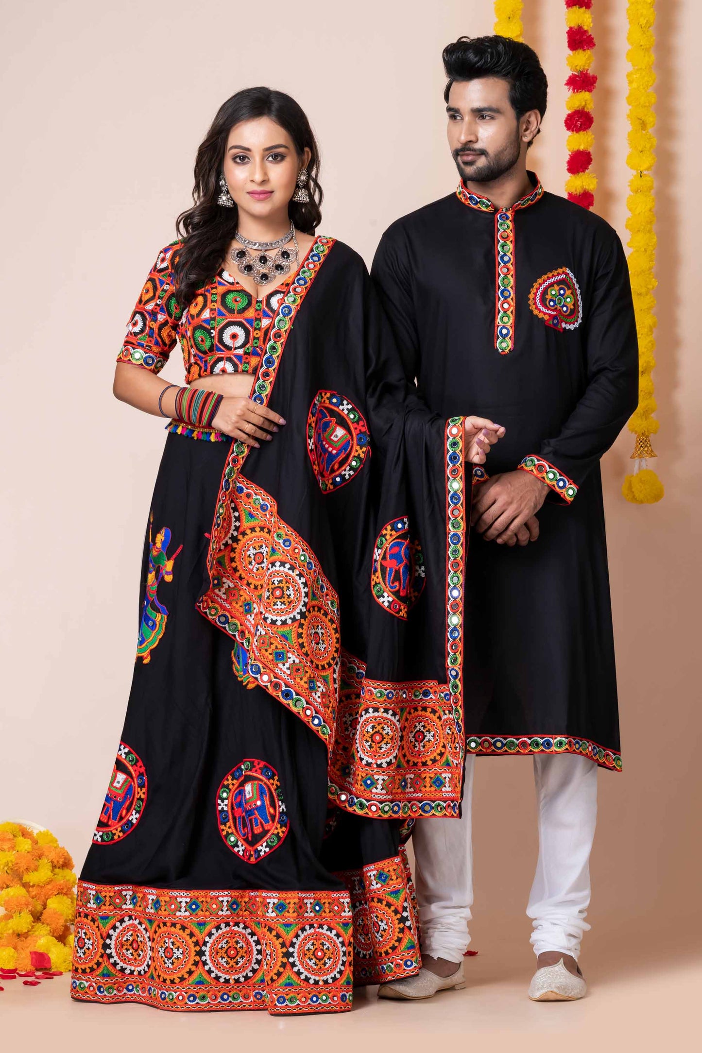 Couple Black Gujarati Embroidered Navratri Chaniya Choli and Kurta Set with Mirror Work