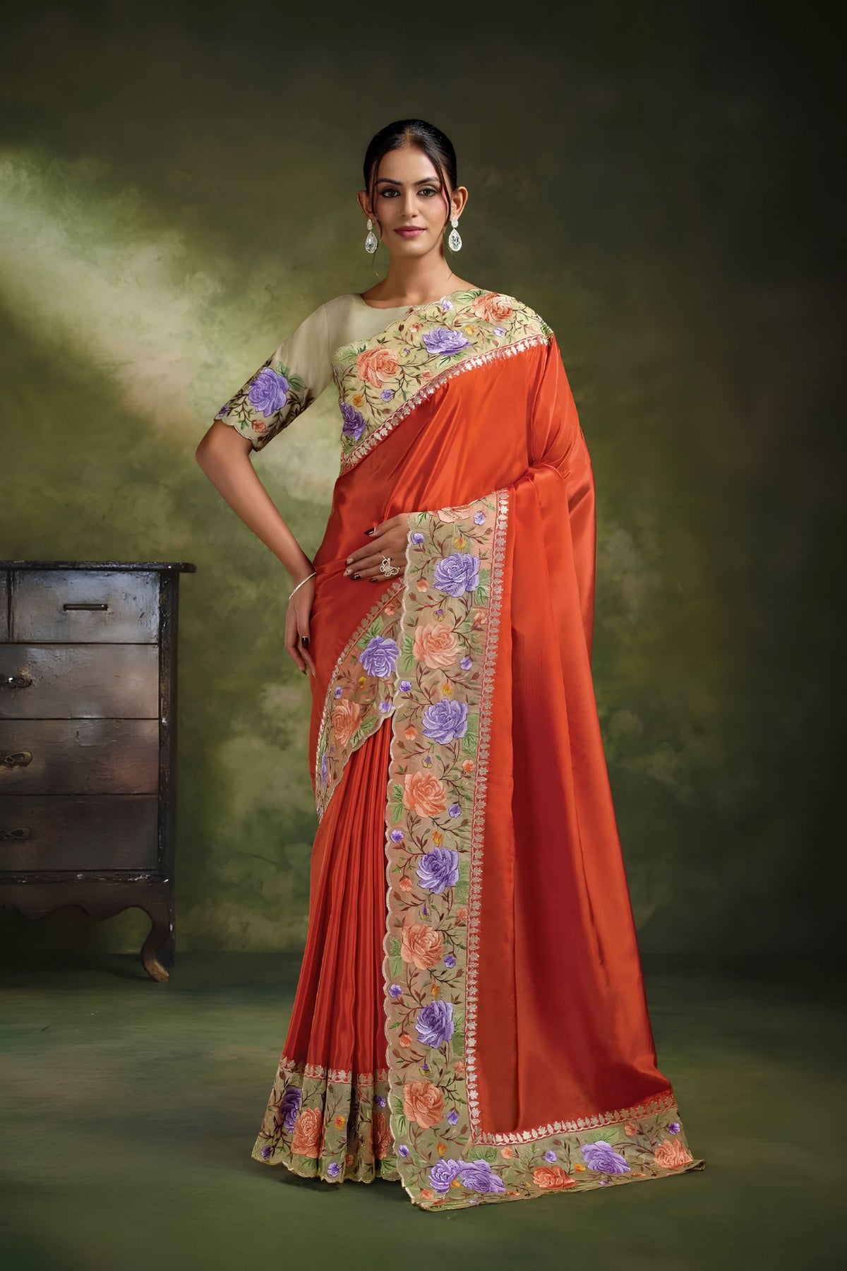 Vibrant Rust Orange Organza Tissue Silk Saree with Embroidery for Women