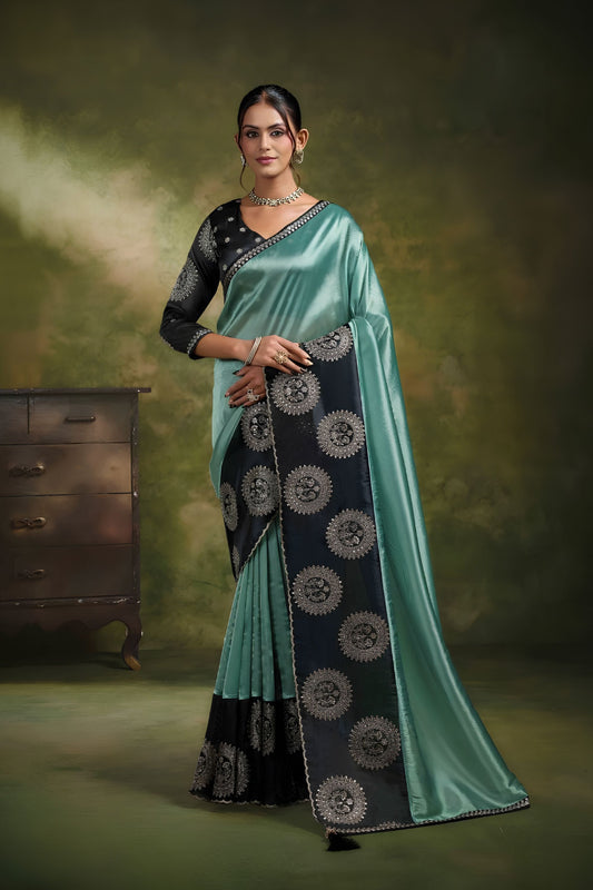 Elegant Sea Green Organza Tissue Silk Saree Floral Motifs Embroidery for Women