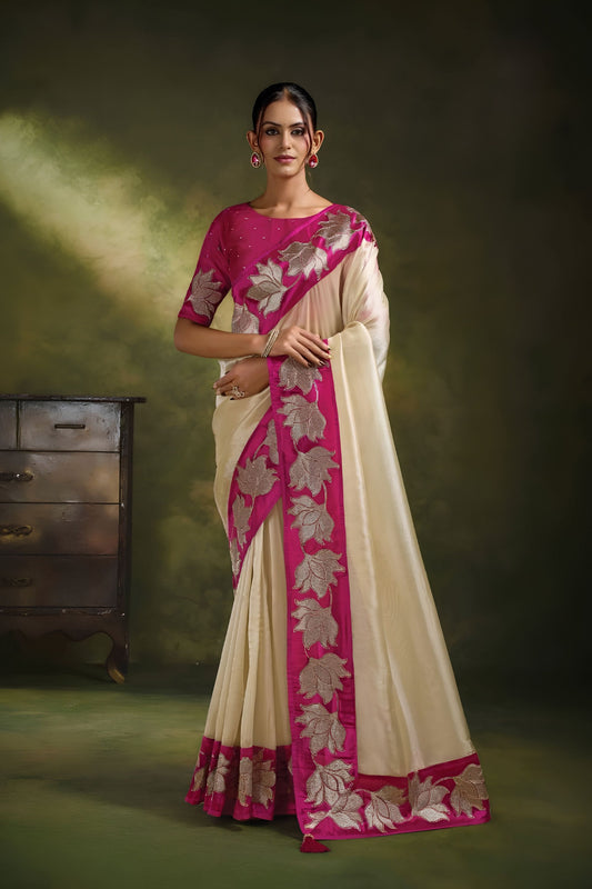 Exquisite Cream Organza Net Saree Embroidery for Women