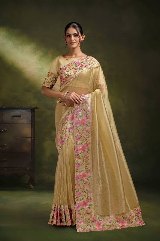 Radiant Beige Organza Silk Saree Embroidery for Women