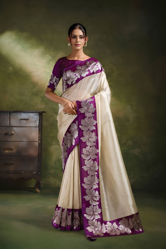 Exquisite Cream Organza Net Saree Embroidery for Women