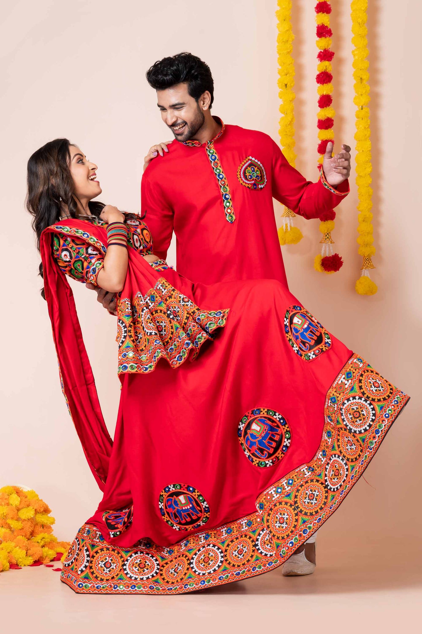 Couple Red Gujarati Embroidered Navratri Chaniya Choli and Kurta Set with Mirror Work