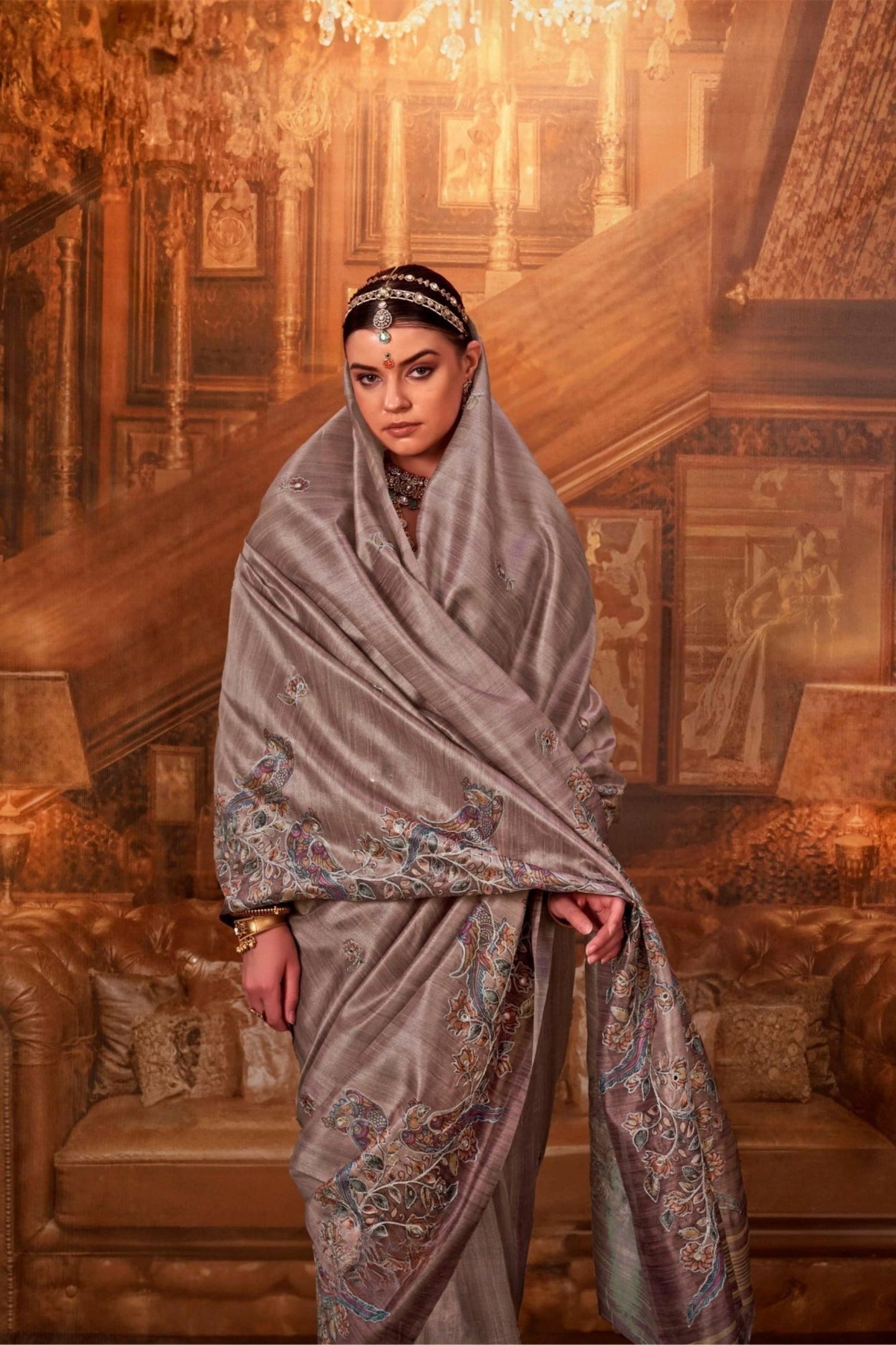 Elegant Grey Silk Saree with Embroidered Border Festive Occasions